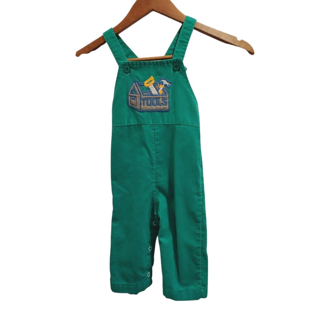 Vintage Health Tex Kids Boy Green Overalls Size 12 mos Tools embroidery corduroy